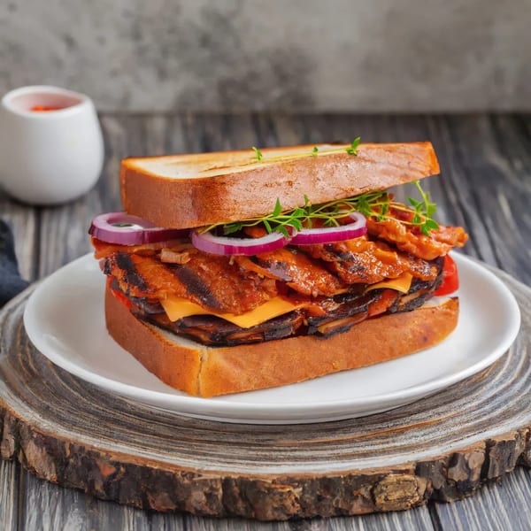 Hearty breakfast sandwich with bacon, cheese, red onions, and greens on toasted bread.