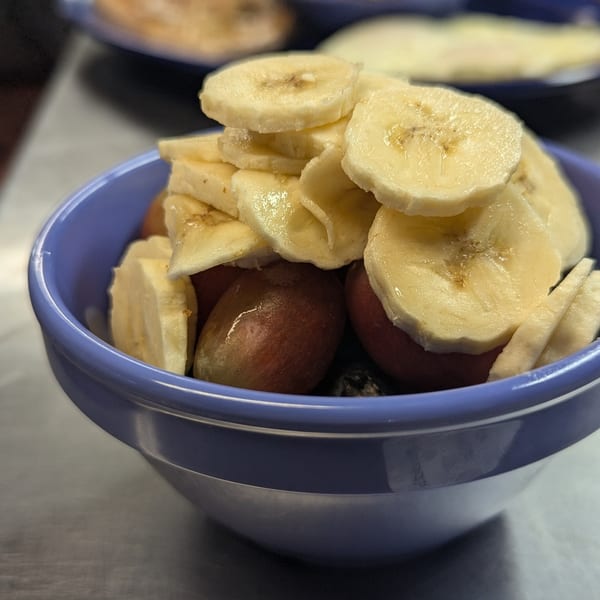 A blue bowl filled with sliced bananas, red grapes, and blueberries on a metal counter.